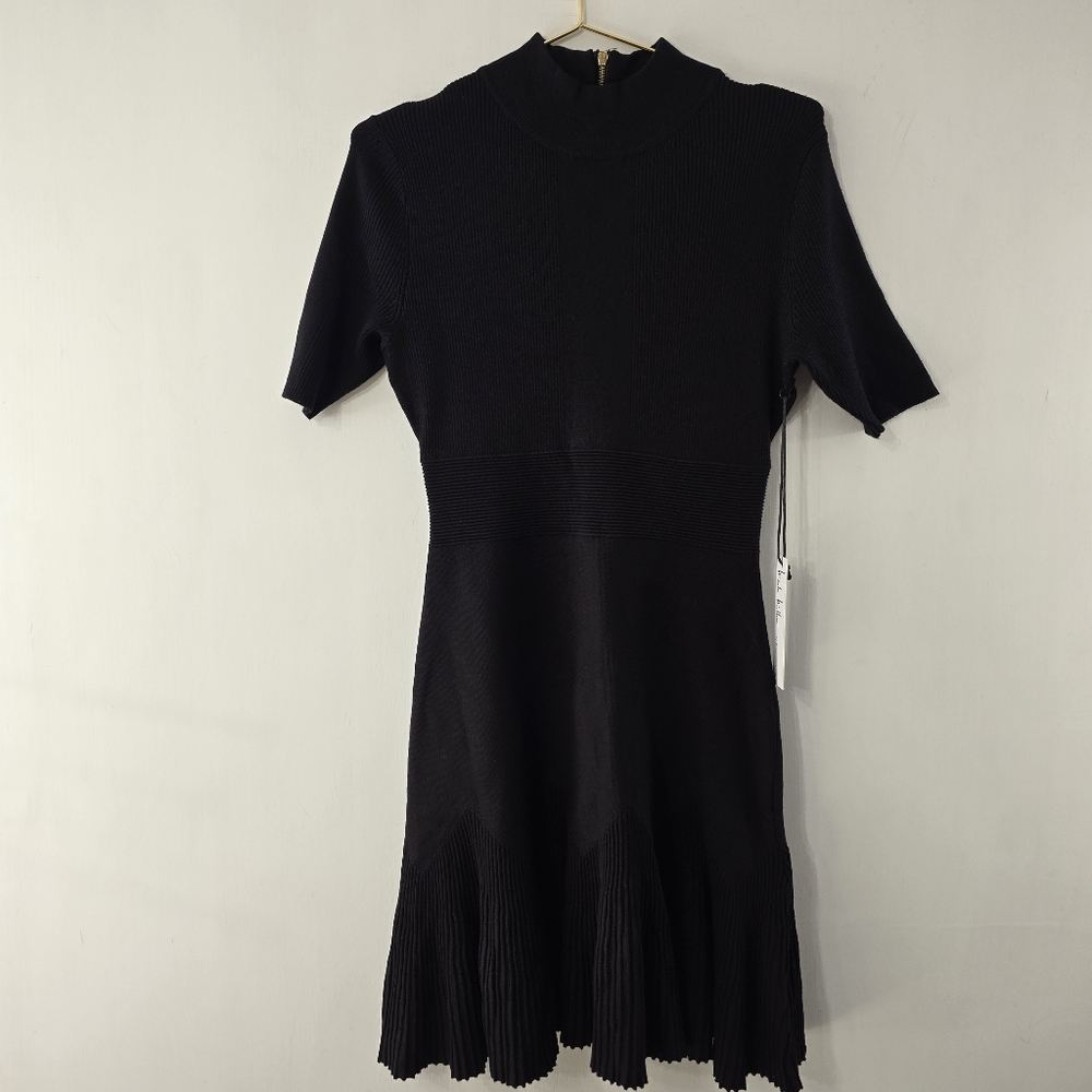 Nicole Miller Ribbed Dress Accordion Pleat Skirt Rib Knit NWT Solid Black LBD S